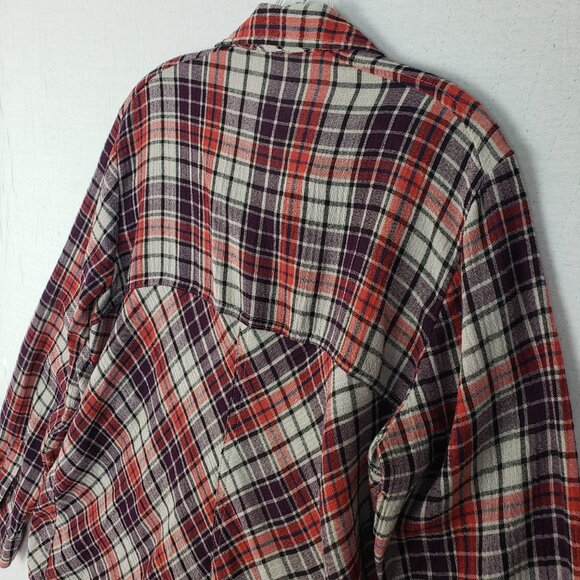 Free People Gauze Plaid Shirt Cutout Shoulder Western Boho 70s size L Relaxed - Picture 11 of 12